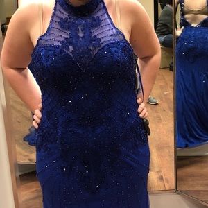 Blue Halterneck Beaded Prom Dress